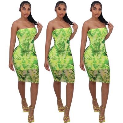 China Backless Tie Dye Printing Chest Wrap Dress Ladies Maxi Dress Hot Sale Anti-wrinkle Fashion Polyester for sale