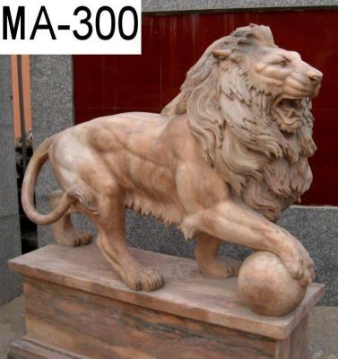 China Large Europe Marble Stone Walking Lion With Ball With Base for sale