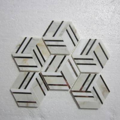 China Large Parquet Hexagon White Mixed Black Marble Mosaics Slab for sale