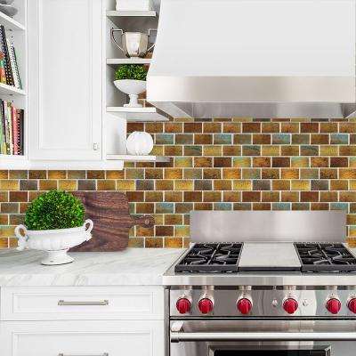 China Waterproof Vinyl PC Tiles 3D Effect Mosaics Sticker 12*12 Inch Gold Color Brick Tiles Waterproof For Bathroom Kitchen for sale