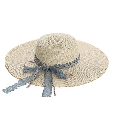 China Elegant picture summer ladies straw hat lace bow hat with big brim adjustable holiday beach outdoor straw hat with fur-brim for sale