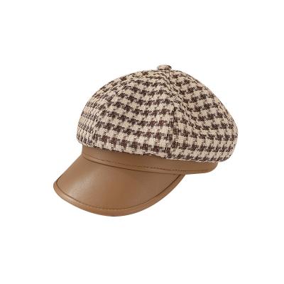 China Fashion\wholesale comfortable\durable 2021 winter style military hat plaid brim British octagonal newsboy leather hat for women for sale