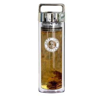 China Sustainable Lid Logo Tea Infuser Bamboo Fruit Juice Borosilicate Glass Water Bottle Custom Leakproof for sale