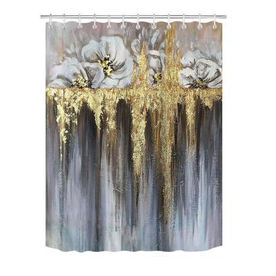 China Viable Oil Painting Gold Foil Digital Printing Waterproof Washable Luxury Bath Curtain Shower Curtain Set Shower Curtain Set for sale