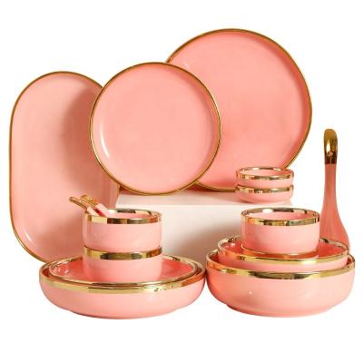 China Nordic Simple Viable Bowl Pink Ceramic Household Luxury Tableware Set Spoon Creative Bowl Phnom Penh Dish Vegetable Soup Bowl for sale