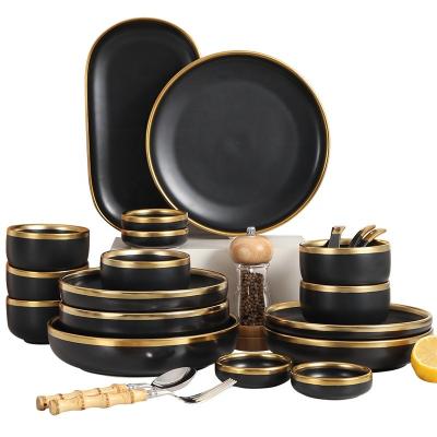 China Nordic Simple Viable Bowl Black Ceramic Household Luxury Tableware Set Spoon Creative Bowl Phnom Penh Dish Vegetable Soup Bowl for sale