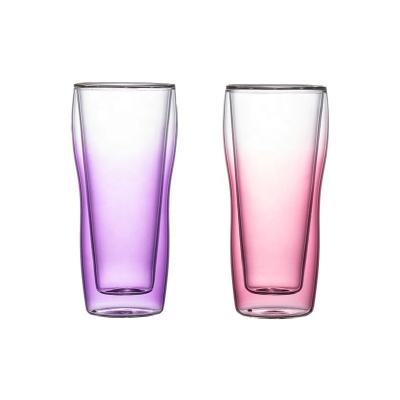 China Hot sale large capacity creative simple color 300Ml simple color glass beverage cup milk cup beer mug bar shop family picnic cold use double layer glass cup for sale