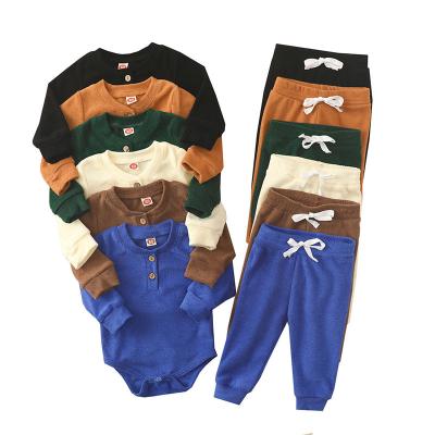 China Wholesale Casual Solid Color Long Sleeve Romper Pant Outfit Sets Infant Baby Boy Pajamas Clothing Sets for sale