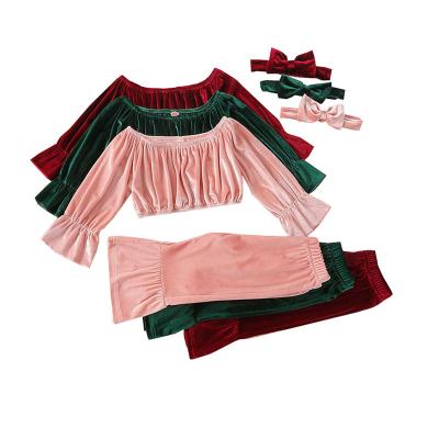 China RTS Sale Clothing Breathable Warm Velvet Off - The Shoulder Ruffle Bell-Bottom Top Pants Fashions Babies Winter Clothes Sets With Headband for sale