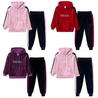 China Velvet Casual Soft Autumn Outdoor Sport Wear Embroidery Big Girls Hooded Clothing Sets for sale