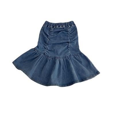 China 2022 Breathable Wholesale Cute Spring Flared Denim Mini Skirts Fashion Girls Elastic Skirts With Ruffle for sale