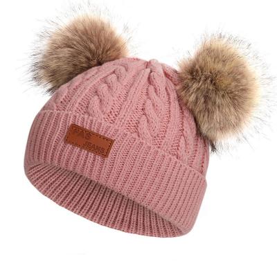 China Wholesale Daily Life Blank Knitted Beanie Knitted Custom Kids Hat Winter Caps For Kids With Two Fur Pom Poms for sale