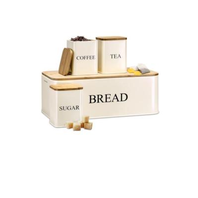 China Fresh Keeping Farmhouse Bread Bin For Kitchen Countertop Breadbox With 2 In 1 Bamboo Lid Extra Large Bread Storage Bin With 3 Pcs Storage for sale