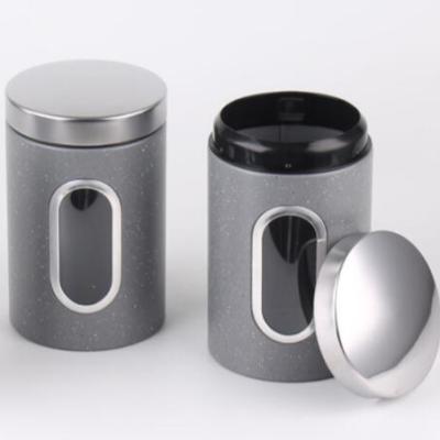 China Food Grade Wholesale Custom Kitchen Storage Set Of 3 Can Pot Coffee Tea Sugar Stainless Steel Metal Canister Sets With Marble Coating for sale