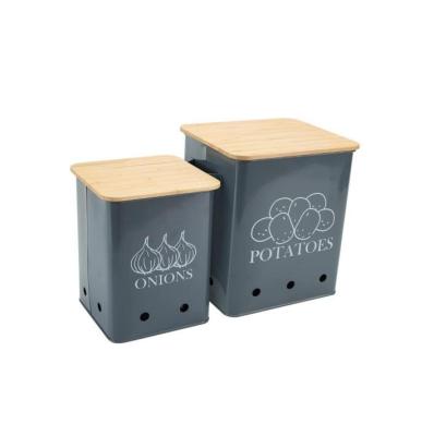 China Durable Kitchen Storage Canister Set Of 2 Potato Onion Storage Bin With Ventilating Tin Storage Holes And Wooden Lid for sale