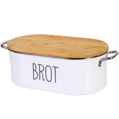 China Large Capacity Viable White Oval Shape Kitchen Storage Metal Bread Bin Bin With Bamboo Lid for sale