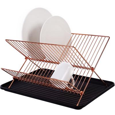 China Workable 2 Tiers Folding Iron Wire Kitchen Dish Drainer Dish Drying Rack for sale