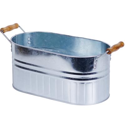 China Custom Logo Zinc Metal Outdoor Ice Bucket Viable Oval Shape With Wooden Handle for sale