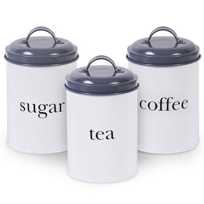 China Vintage Round Shape Metal Crate Kitchen Canister Tea Coated Coffee Sustainable Powder Storage Jar Set of 3 for sale