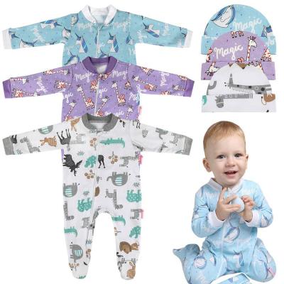 China 100% Cotton 3pcs Romper+3 Pcs Hat Designers Baby Zipper Romper Hat Set Long Sleeve Baby Pajamas Cotton Zipper Baby Romper for sale