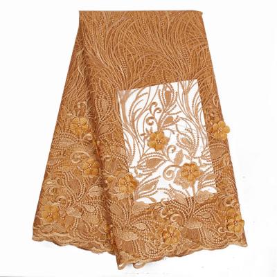 China Nigeria Tulle Hand Embroidery Net Lace Fabric Bridal Gold Viable Beaded for sale