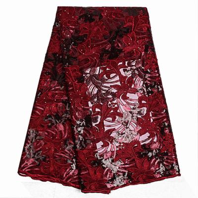 China Viable Newcomers Dress Red Embroidery African Organza Lace Fabric Dress for sale