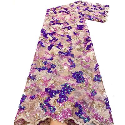 China 2020 New Design Viable Purple Color Embellished Dust Pink Nigerian Sequins Mesh Tulle Lace Fabric for sale