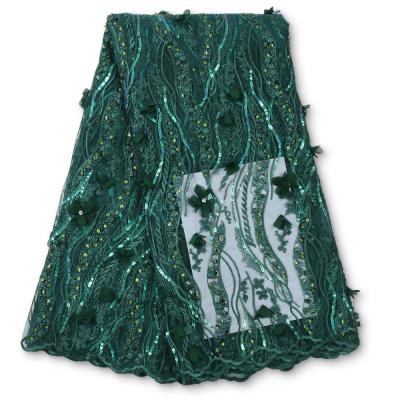 China African Lace Fabric 2021 Green Color 3D Flower Viable Lace Fabric With Sequins Mesh French Lace For Wedding Dress XZ3994B for sale