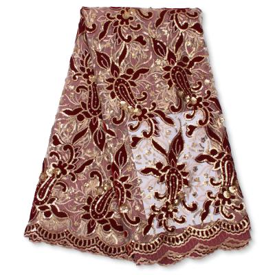 China Viable African Lace Fabric 2021 High Quality French Nigerian Velvet Embroidery Lace Fabrics With Sequin For Wedding Dress Sewing for sale