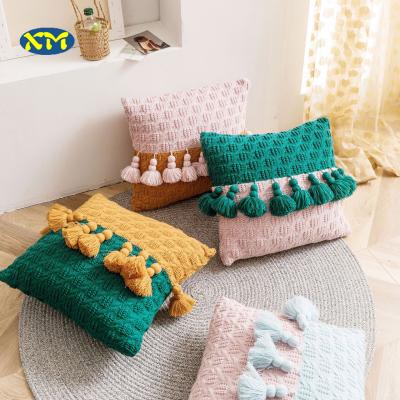 China Nordic Ins Anti-Static Cushion Cover Knitted 100% Acrylic Sofa Car Travel Office Home Cushion Cover With Tassel for sale