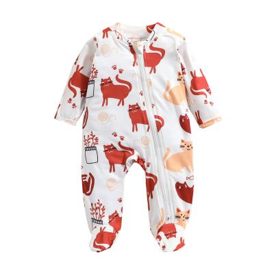 China Cozy Cartoon Cats Printing Zipper Baby Clothes Organic Infant Baby Rompers Footed Jumpsuit Pajamas Jumpsuit for sale