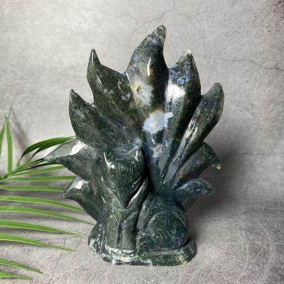 China Europe high quality natural animal hand carved gemstone folk crafts healing moss agate crystal fox statue for clothes for sale