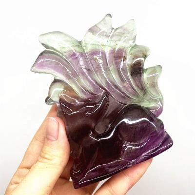 China Europe high quality natural hand carved gemstone folk crafts healing crystal fluorite fox animal statue for sale for sale