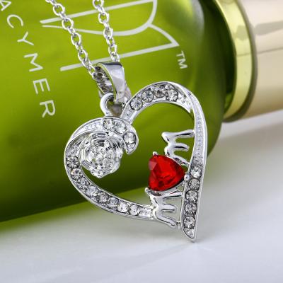 China Shining Environmental Protection Micro Inlaid Red Zircon Diamond Heart Necklace Mom Rose Pendant Necklace For Women for sale