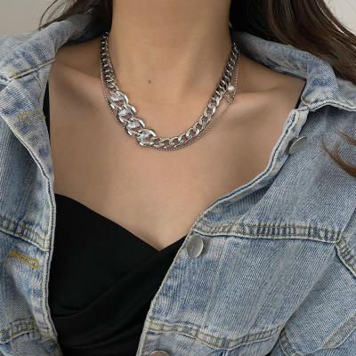 China Men's FASHIONABLE Punk Style Stainless Steel Cuban Link Necklace Diamond Double Layers Thick Chain Necklace for sale