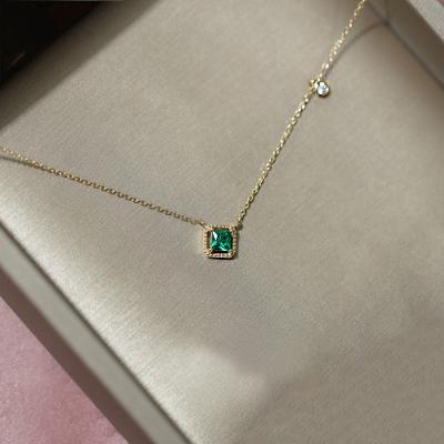 China Durable Green Diamond Pendant Necklace White 925 Sterling Silver Geometric Zircon Square Necklace For Women for sale