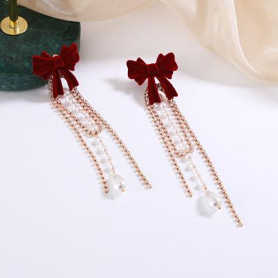 China Retro Environmentally Friendly Wine Red Bow Rhinestone Earrings 925 Silver Needle Bow Pearl Tassel Earrings For Women for sale