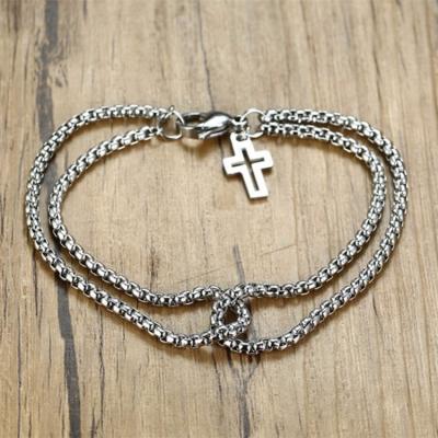 China Fashion Eco-friendly Silver Plated Stainless Steel Double Layers Cross Bangle Pendant Box Chain Bracelet For Women for sale