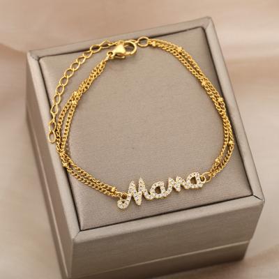 China Eco-Friendly Mom Bracelet 18k Gold Plated Stainless Steel Double Layers Letter Bracelet For Mother's Day Gift for sale