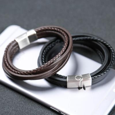 China New Arrival Eco-Friendly Retro Style Multilayer Black Woven Brown Leather Bracelet Stainless Steel Bracelet For Women Men for sale