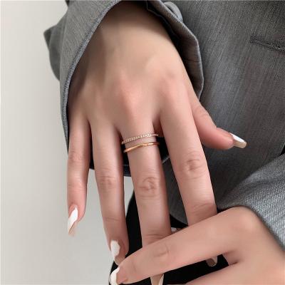 China High Quality Double Layer Inlaid Diamond Ring Couples Rose Gold Plated Stainless Steel Titanium Steel Rings For Women for sale