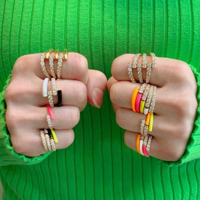 China High Quality Summer Zircon Ring Drop Oil Colorful Opening Micro Asymmetrical Inlaid Adjustable Ring For Women for sale