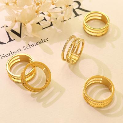 China High Quality Simple Geometric Hollow Out Zircon Ring 18k Gold Plated Stainless Steel Three Circles Ring For Women for sale