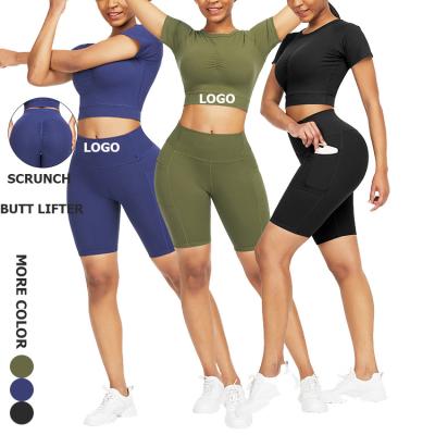 China Yoag Anti-Static Online Fashion Two Piece Sets Fitness Women Gym Short Sleeve Seamless Workout Sets for sale