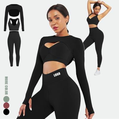 China OEM&ODM Service Anti-Static Gym Clothing Sets Women Active Wear Tracksuit Sportswear Gym Fitness Set Three Piece for sale