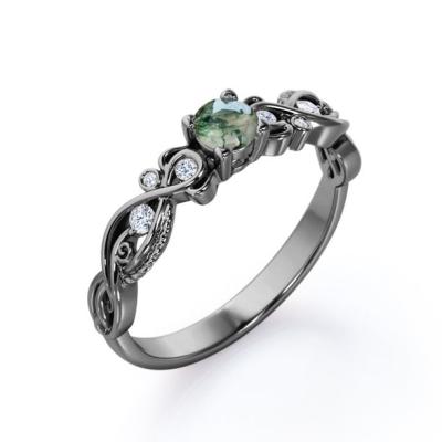 China Brilliant Cut Solid Finely Veined Moss Green Agate and Moisssanite Victorian Style Filigree Engagement Ring for sale