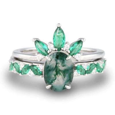 China Moss Agate Emerald Ring Set , Anniversary Jewelry Gift Promise Wedding Ring for sale