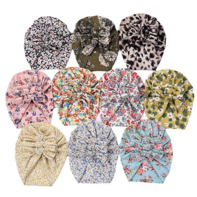 China Vintage Floral Printed Halloween Boutique Hat Three Bow Head Turban Infants Newborn Baby Friendly Cotton Material for sale