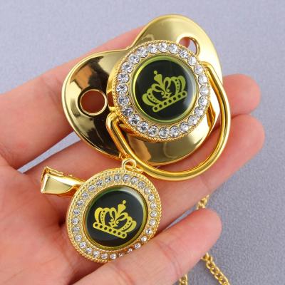 China 2021 BPA Free Gold Crown Baby Pacifier and Clip Set Crystal Newborn Dummies Baby Pacifier Shimmers for sale