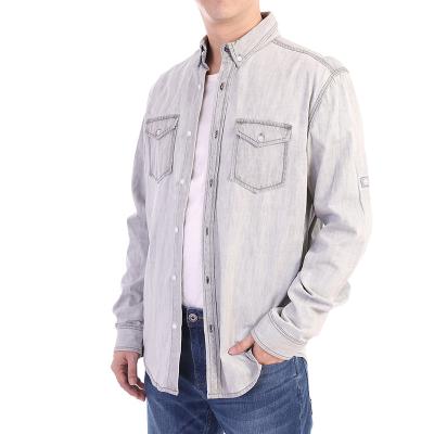 China High Quality Solid Shirt Autumn Blouse Mens Denim Shirts OEM Light Gray Basic Stylish Custom Long Sleeve Breathable Spring for sale